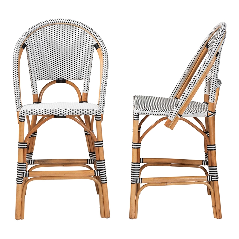 Pemberly Row Black and White Woven Rattan 2-Piece Counter Stool Set