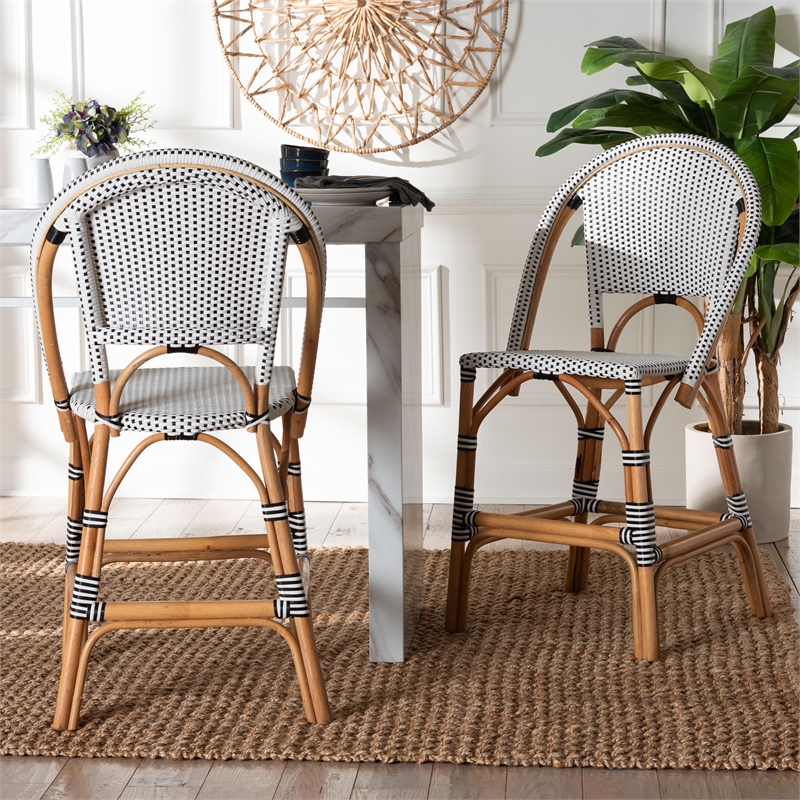 Pemberly Row Black and White Woven Rattan 2-Piece Counter Stool Set