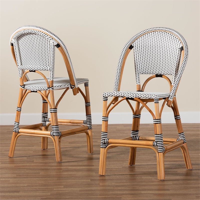 Pemberly Row Black and White Woven Rattan 2-Piece Counter Stool Set