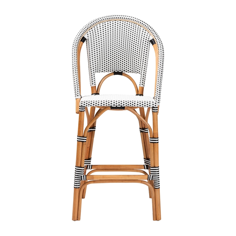 Pemberly Row Black and White Woven Rattan French Bar Stool with Footrest