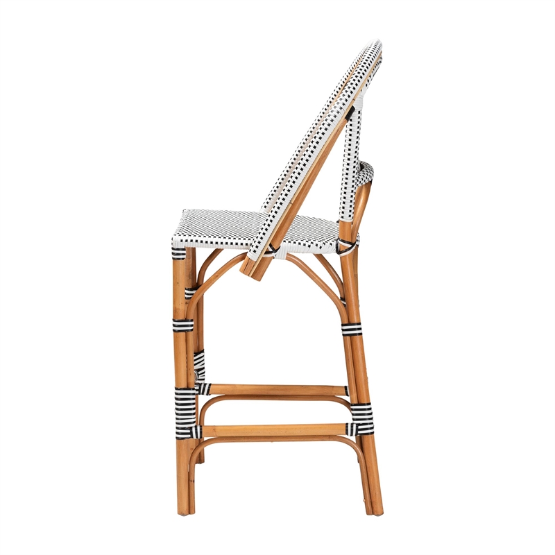 Pemberly Row Black and White Woven Rattan French Bar Stool with Footrest