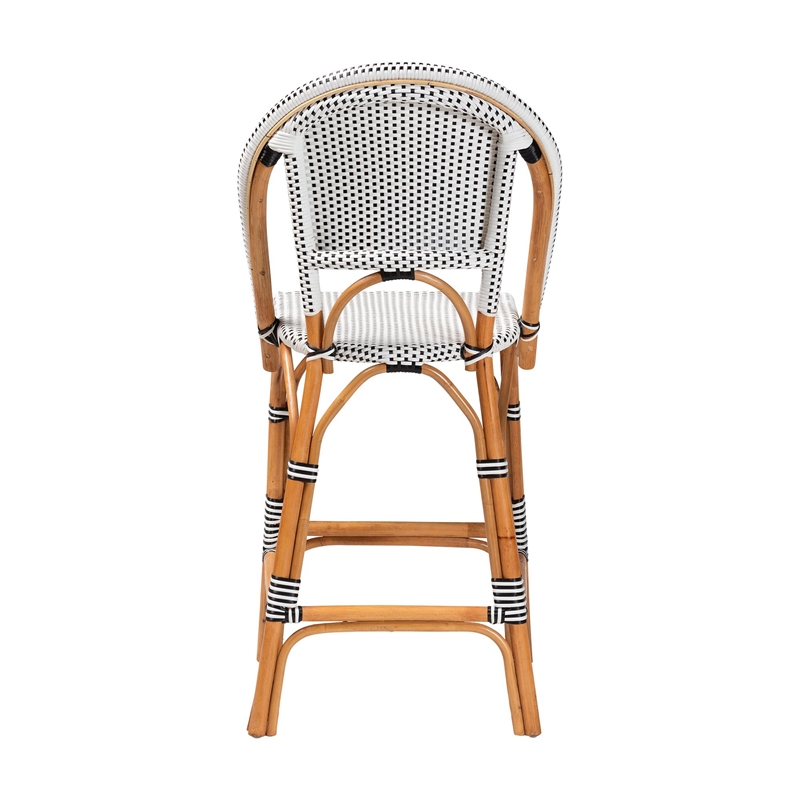 Pemberly Row Black and White Woven Rattan French Bar Stool with Footrest