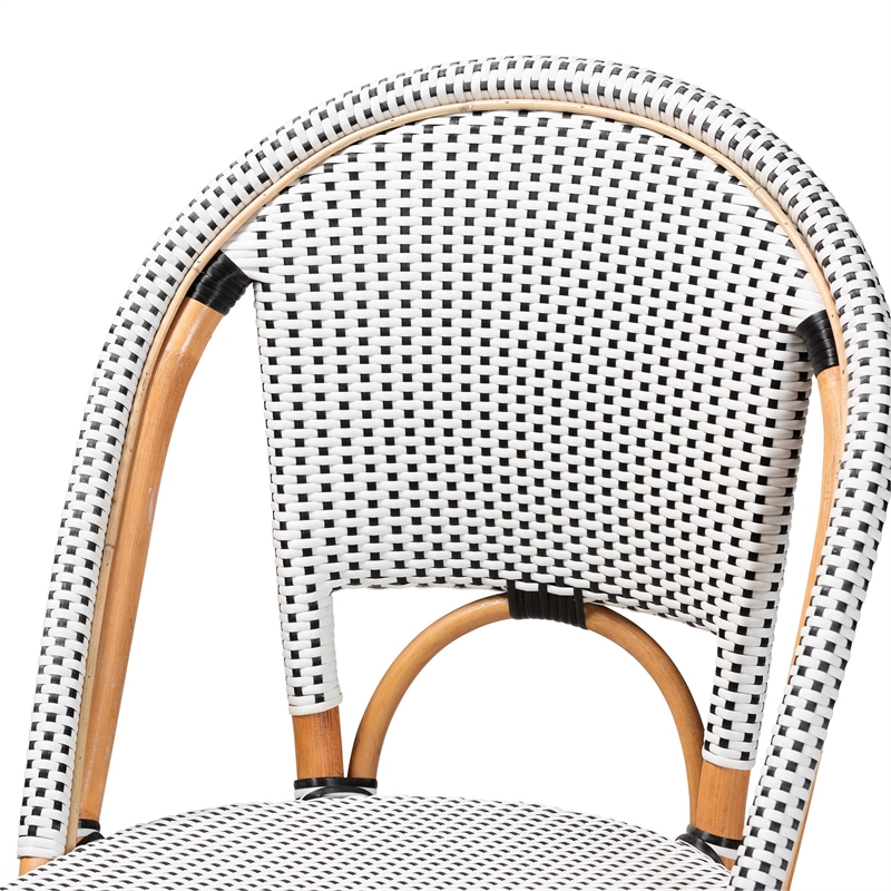 Pemberly Row Black and White Woven Rattan French Bar Stool with Footrest