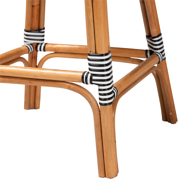 Pemberly Row Black and White Woven Rattan French Bar Stool with Footrest