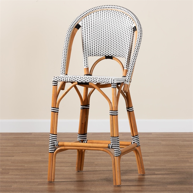 Pemberly Row Black and White Woven Rattan French Bar Stool with Footrest