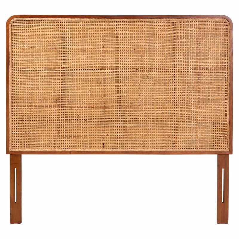 Pemberly Row Natural Rattan and Mahogany Wood Queen Headboard with Rounded Panel