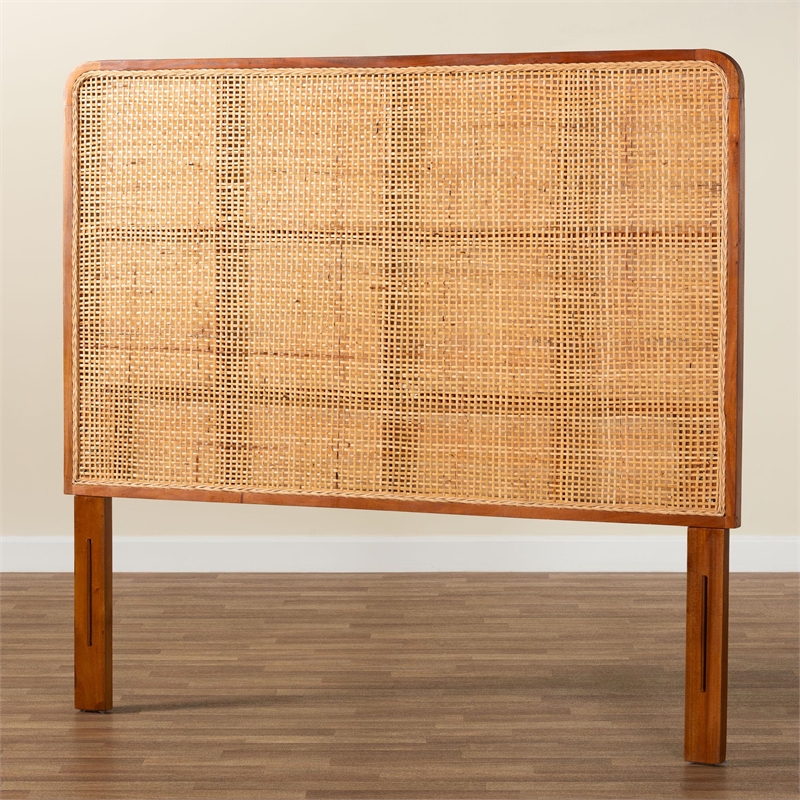 Pemberly Row Natural Rattan and Mahogany Wood Queen Headboard with Rounded Panel