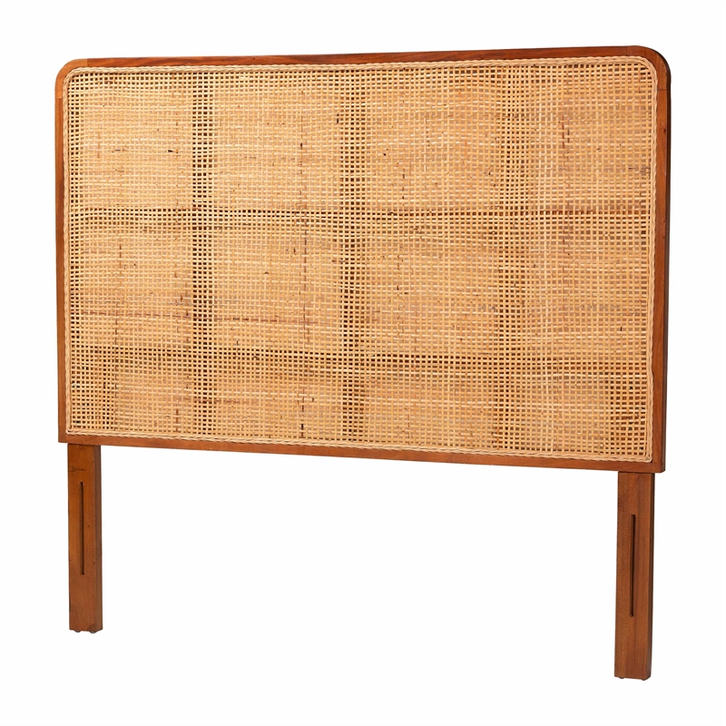 Pemberly Row Natural Rattan and Mahogany Wood Queen Headboard with Rounded Panel