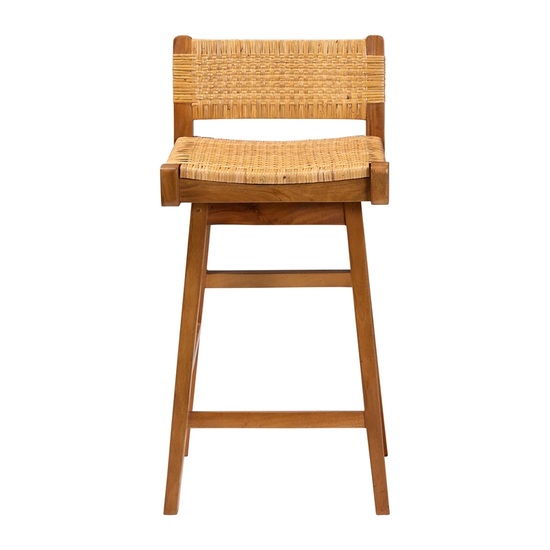 Pemberly Row Seagrass and Mahogany Wood Bar Stool with Low Back