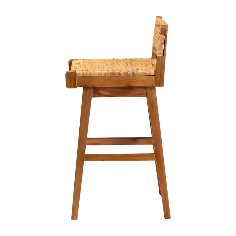 Pemberly Row Seagrass and Mahogany Wood Bar Stool with Low Back