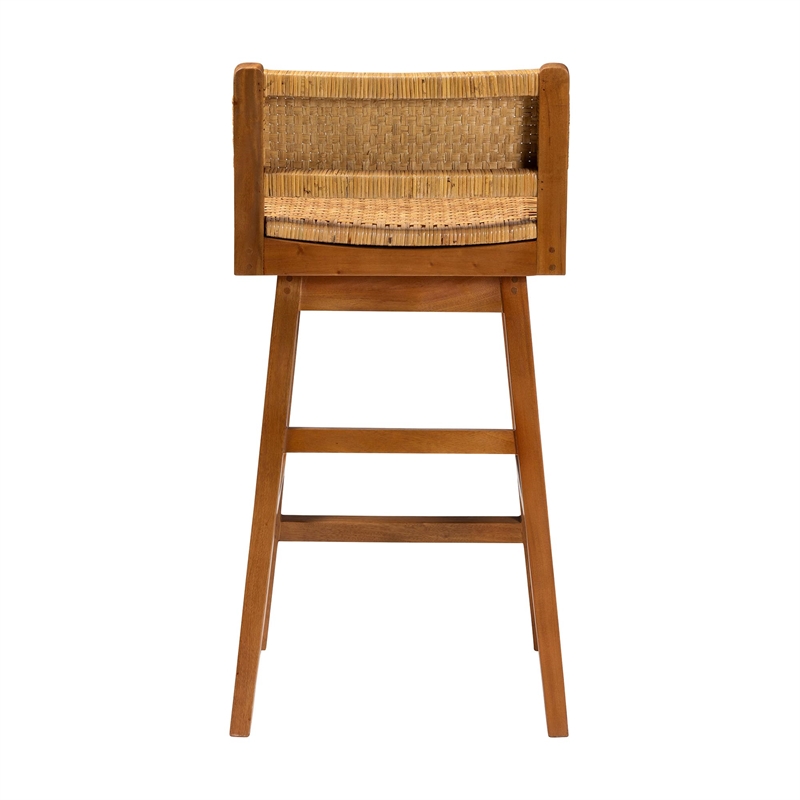Pemberly Row Seagrass and Mahogany Wood Bar Stool with Low Back