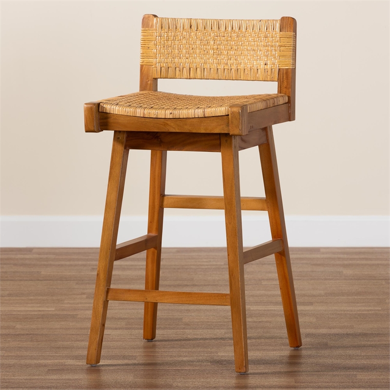 Pemberly Row Seagrass and Mahogany Wood Bar Stool with Low Back