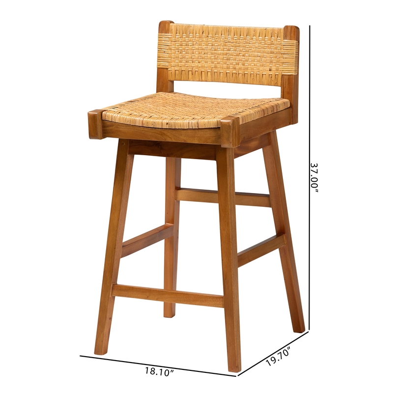 Pemberly Row Seagrass and Mahogany Wood Bar Stool with Low Back