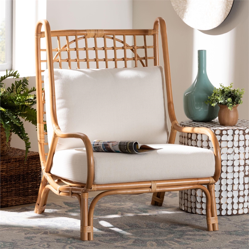 Pemberly Row Light Honey Rattan Accent Chair with Lattice Backrest