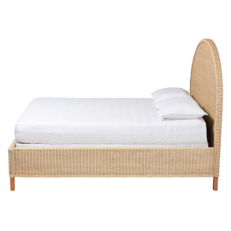 Pemberly Row Sun-Bleached Braided Rattan Queen Bed with Half-Moon Headboard