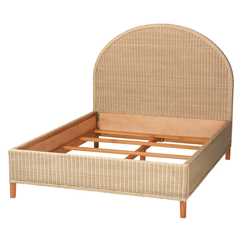Pemberly Row Sun-Bleached Braided Rattan Queen Bed with Half-Moon Headboard