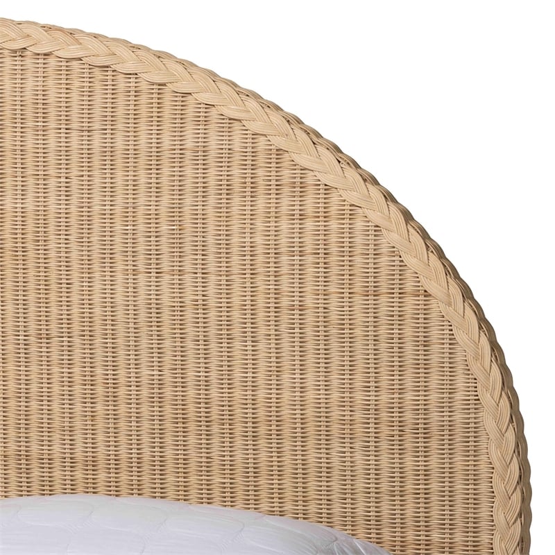 Pemberly Row Sun-Bleached Braided Rattan Queen Bed with Half-Moon Headboard