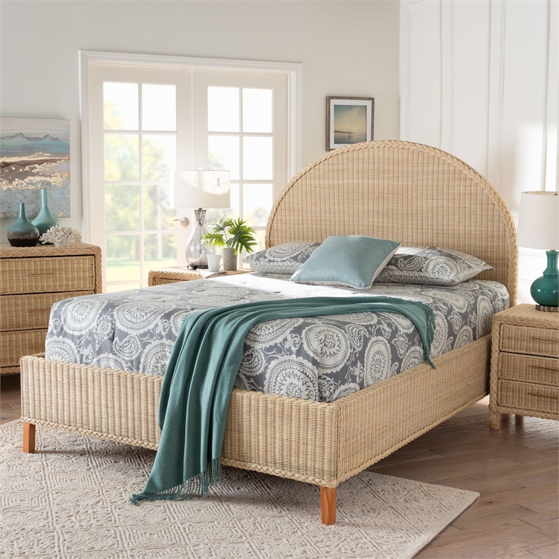 Pemberly Row Sun-Bleached Braided Rattan Queen Bed with Half-Moon Headboard