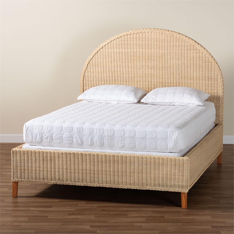 Pemberly Row Sun-Bleached Braided Rattan Queen Bed with Half-Moon Headboard