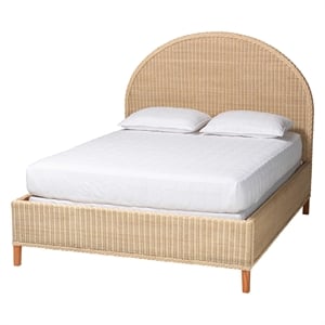 Pemberly Row Sun-Bleached Braided Rattan Queen Bed with Half-Moon Headboard