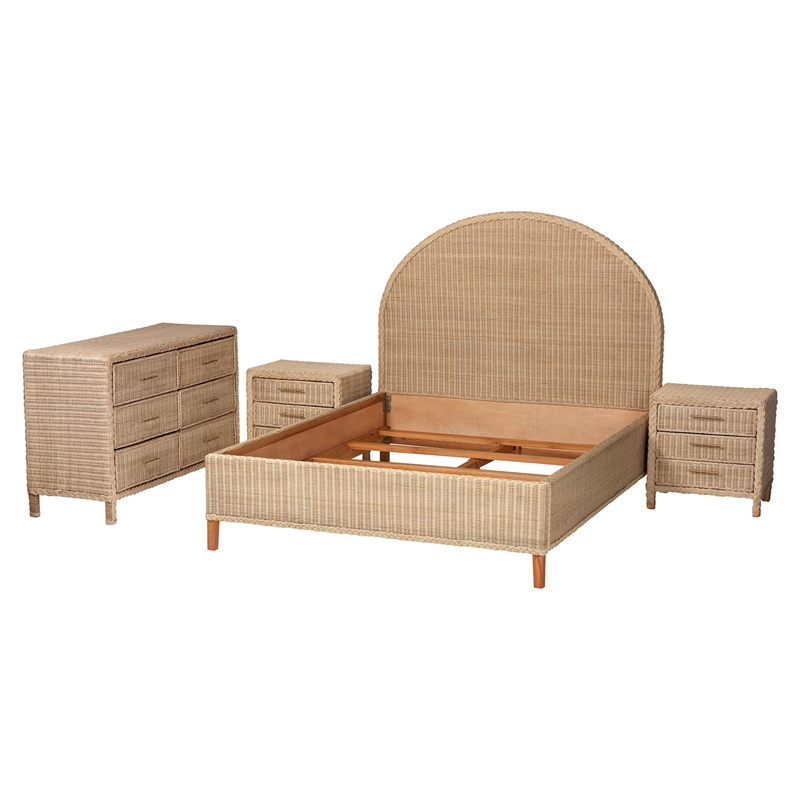 Pemberly Row Sun-Bleached Braided Rattan Queen 4-Piece Bedroom Set