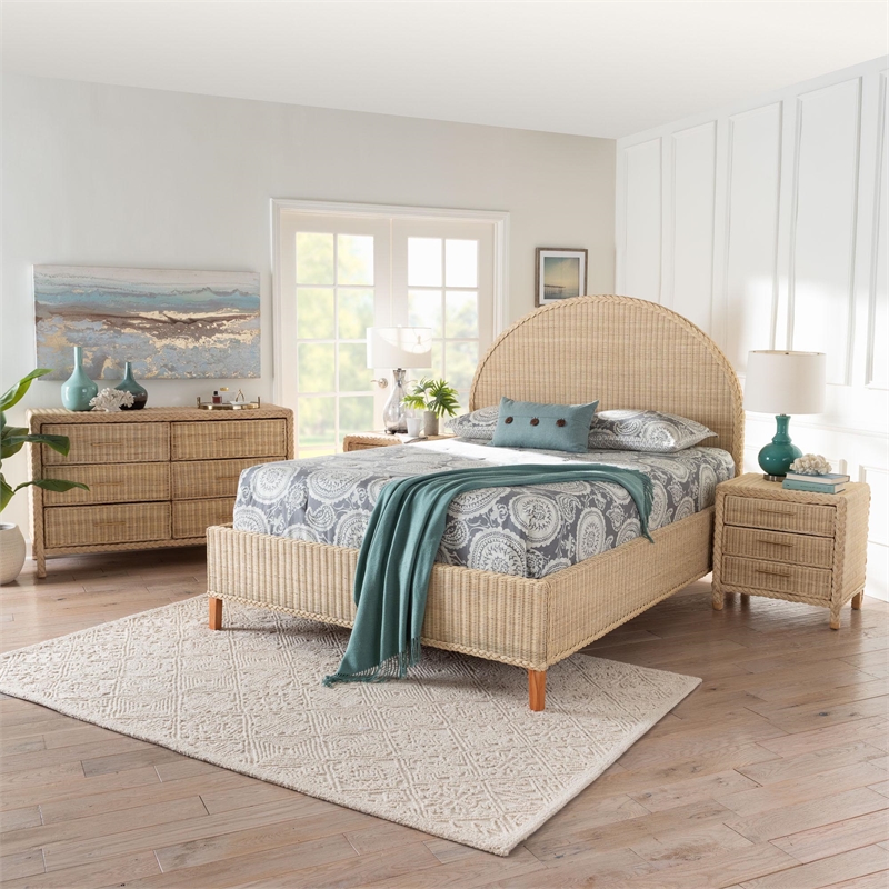 Pemberly Row Sun-Bleached Braided Rattan Queen 4-Piece Bedroom Set