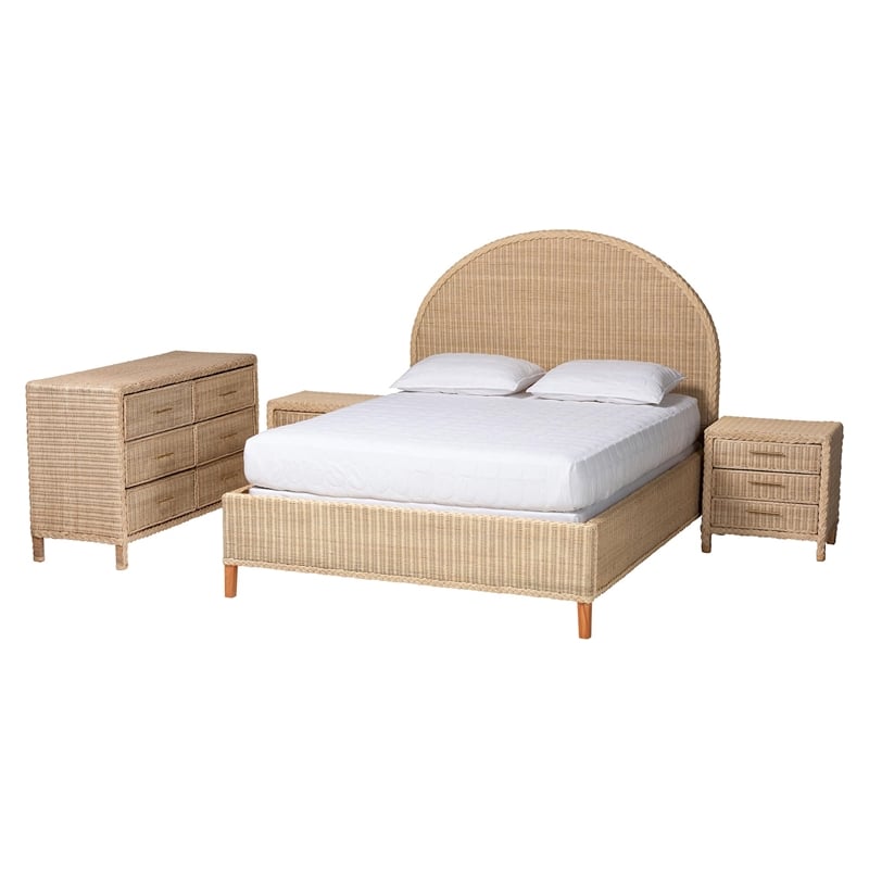 Pemberly Row Sun-Bleached Braided Rattan Queen 4-Piece Bedroom Set