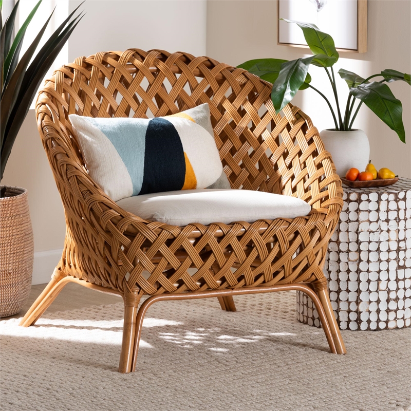 Pemberly Row Natural Rattan Accent Chair with Open Basketweave Design