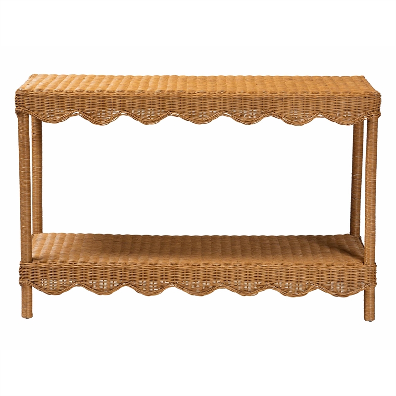 Pemberly Row Light Honey Scalloped Rattan Console Table with Shelf