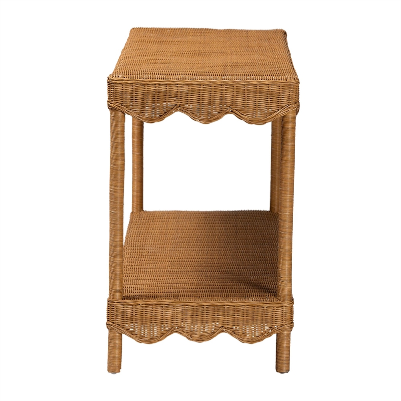 Pemberly Row Light Honey Scalloped Rattan Console Table with Shelf