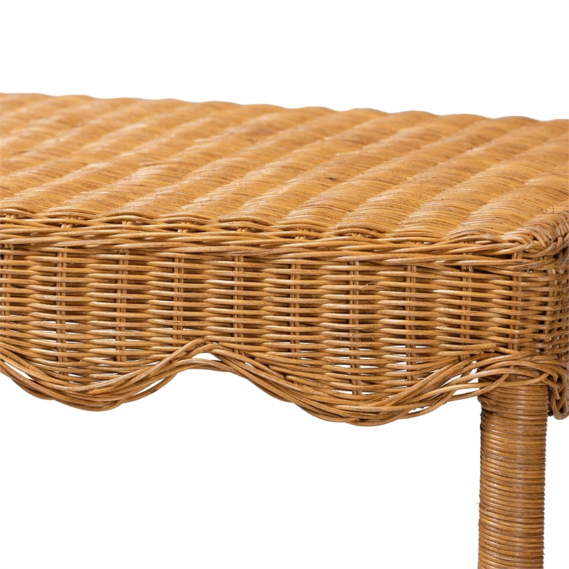 Pemberly Row Light Honey Scalloped Rattan Console Table with Shelf
