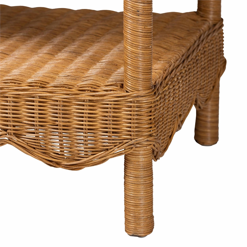 Pemberly Row Light Honey Scalloped Rattan Console Table with Shelf