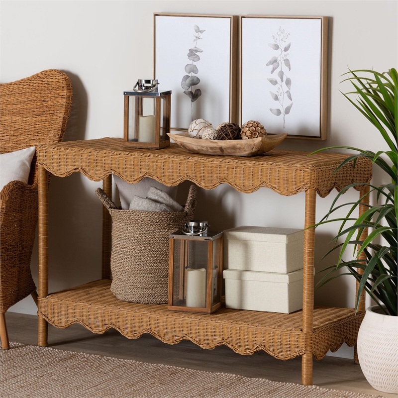 Pemberly Row Light Honey Scalloped Rattan Console Table with Shelf