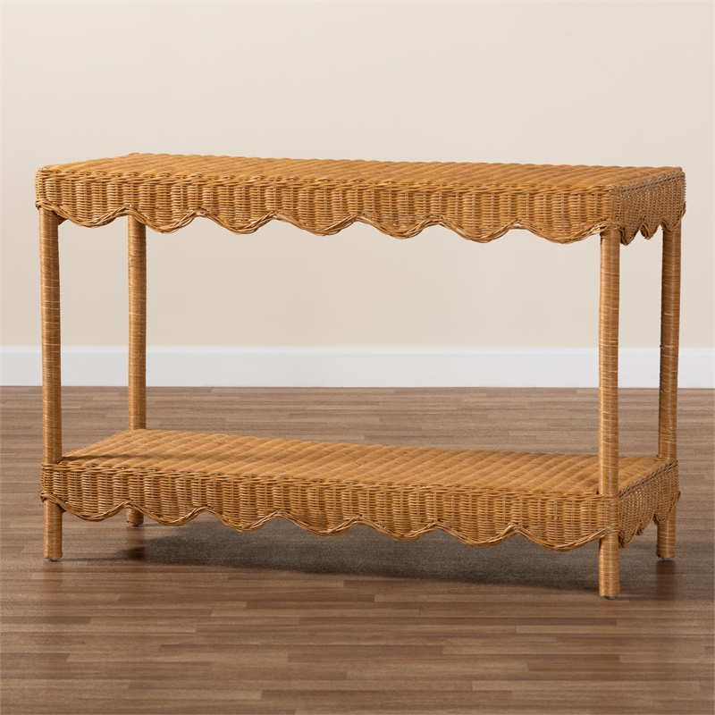 Pemberly Row Light Honey Scalloped Rattan Console Table with Shelf