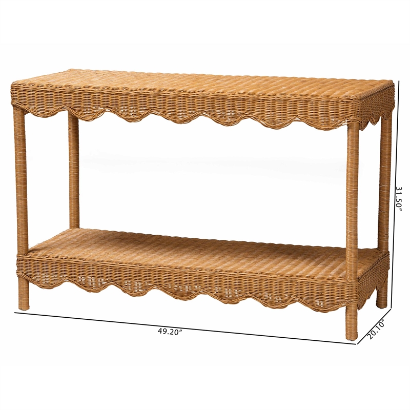 Pemberly Row Light Honey Scalloped Rattan Console Table with Shelf