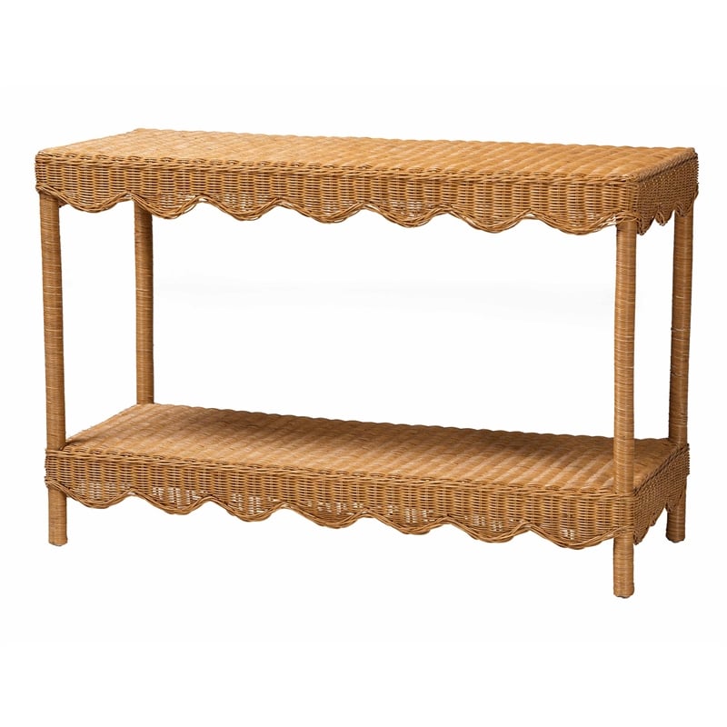 Pemberly Row Light Honey Scalloped Rattan Console Table with Shelf