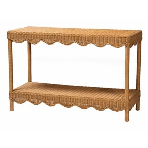 Pemberly Row Light Honey Scalloped Rattan Console Table with Shelf