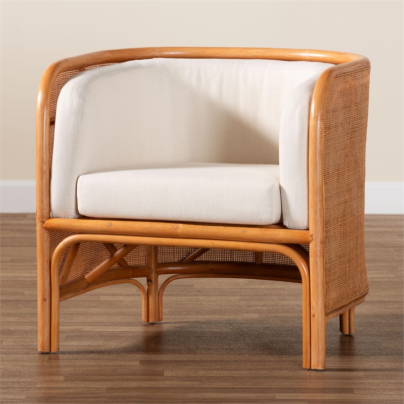 Pemberly Row Light Honey Rattan Tuxedo Accent Chair with Woven Detail