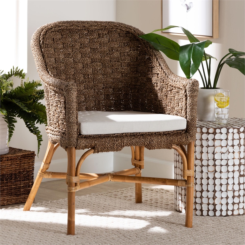 Pemberly Row Natural Seagrass and Rattan Arm Chair with Basketweave