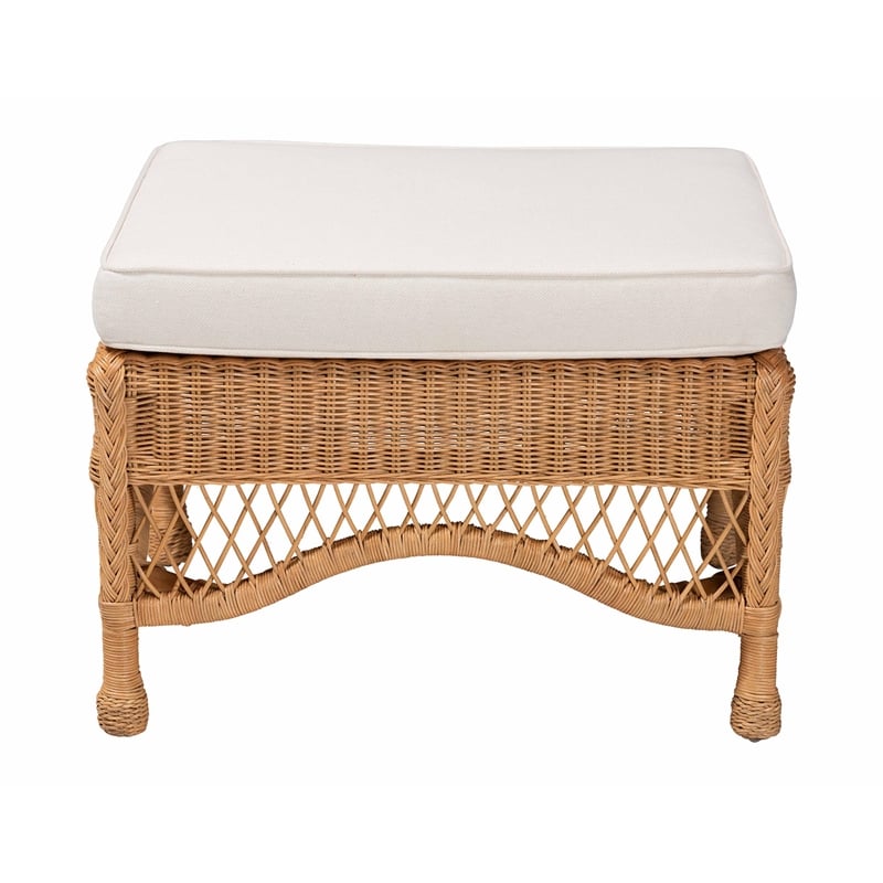 Pemberly Row Light Honey Braided Rattan Ottoman Stool with Cushion