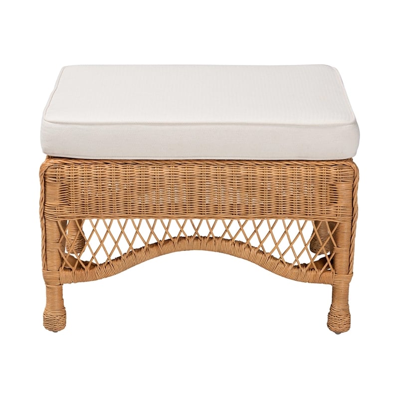 Pemberly Row Light Honey Braided Rattan Ottoman Stool with Cushion