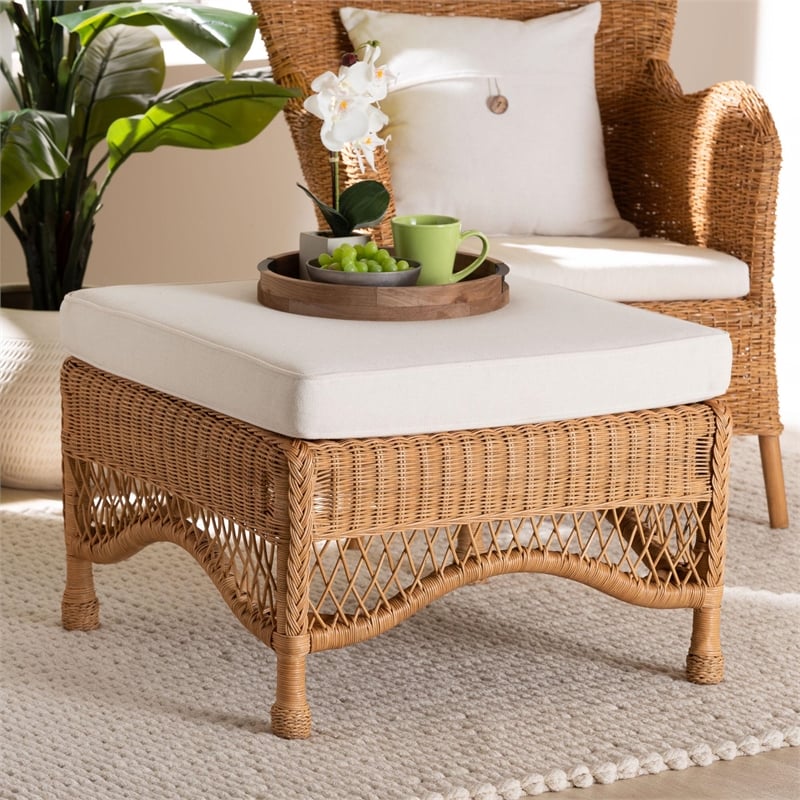Pemberly Row Light Honey Braided Rattan Ottoman Stool with Cushion