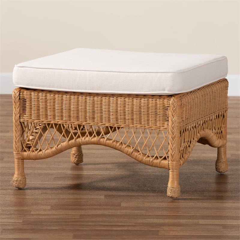 Pemberly Row Light Honey Braided Rattan Ottoman Stool with Cushion