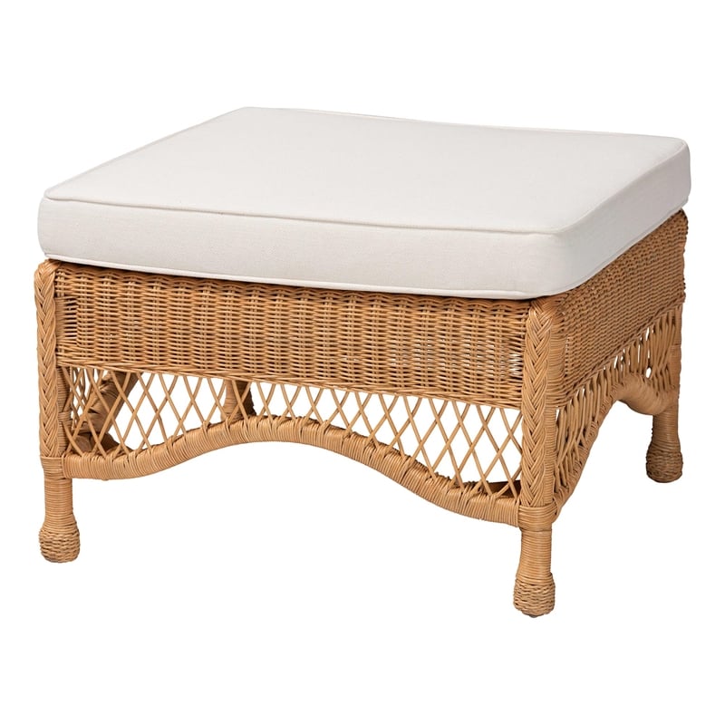Pemberly Row Light Honey Braided Rattan Ottoman Stool with Cushion