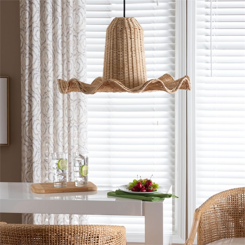 Pemberly Row Natural Scalloped Rattan Pendant Lampshade with Sombrero Shape