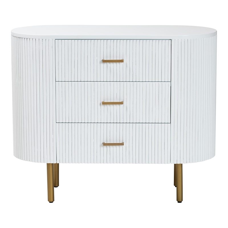 Pemberly Row White Fluted Wood and Gold Metal 3-Drawer Dresser