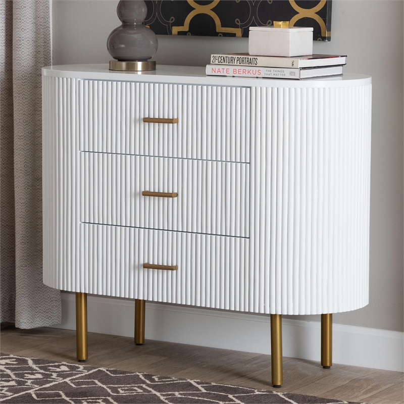 Pemberly Row White Fluted Wood and Gold Metal 3-Drawer Dresser