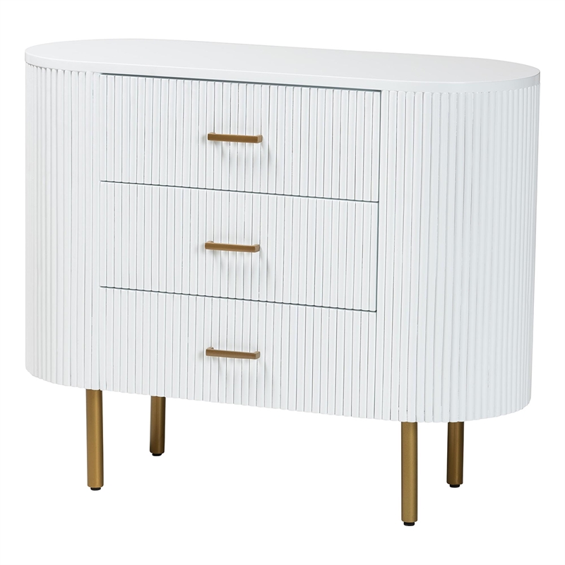 Pemberly Row White Fluted Wood and Gold Metal 3-Drawer Dresser