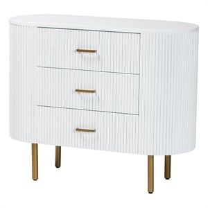 Pemberly Row White Fluted Wood and Gold Metal 3-Drawer Dresser