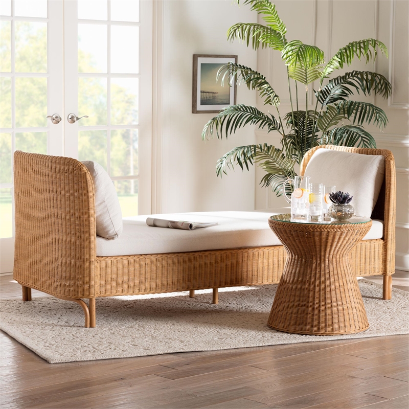 Pemberly Row Light Honey Braided Rattan Daybed with Cushion and 2 Pillows